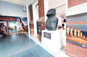 Moai Hava and entrance to exhibition about Rapa Nui/Easter Island at Manchester Museum.